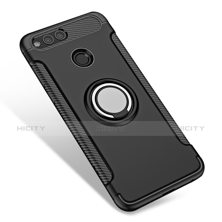 Funda Bumper Silicona y Plastico Mate con Anillo de dedo Soporte A01 para Huawei Honor 7X Negro