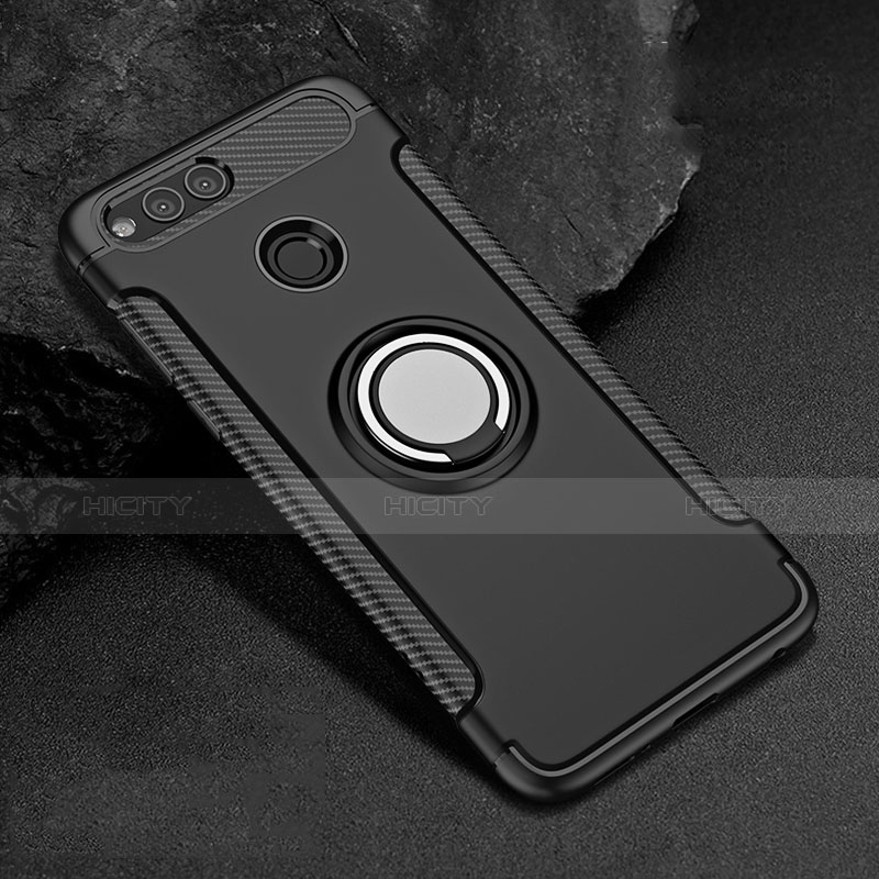 Funda Bumper Silicona y Plastico Mate con Anillo de dedo Soporte A01 para Huawei Honor 7X Negro