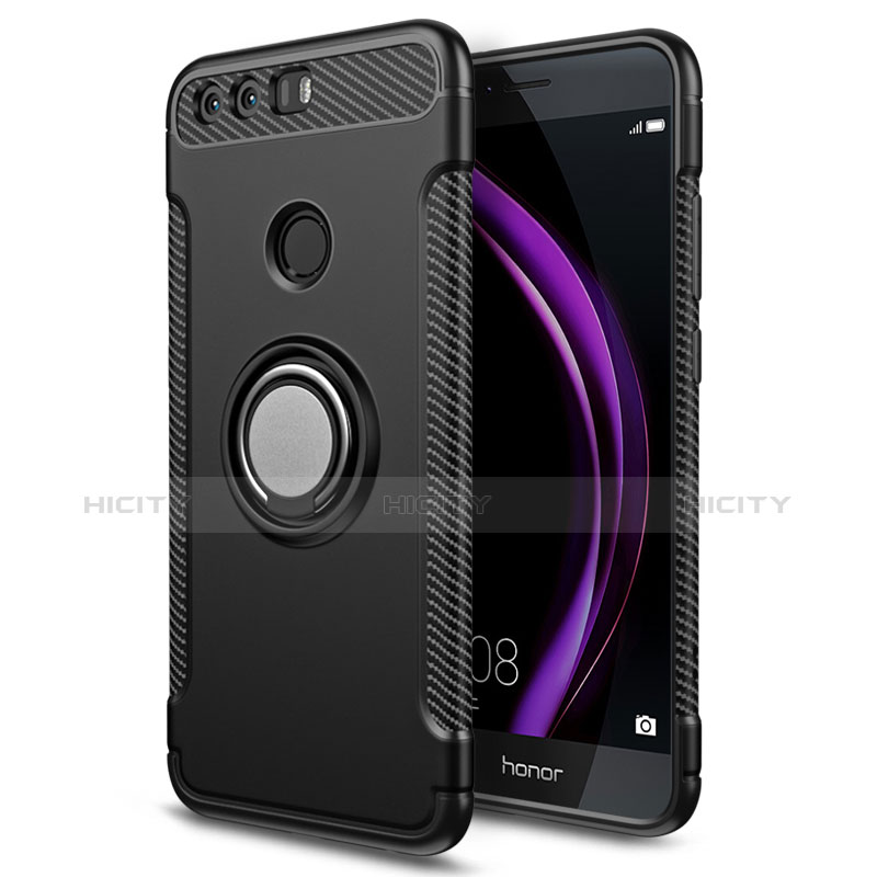 Funda Bumper Silicona y Plastico Mate con Anillo de dedo Soporte para Huawei Honor 8 Negro