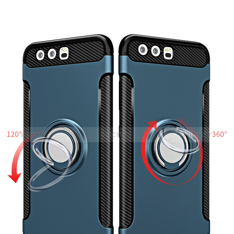 Funda Bumper Silicona y Plastico Mate con Anillo de dedo Soporte para Huawei P10 Azul