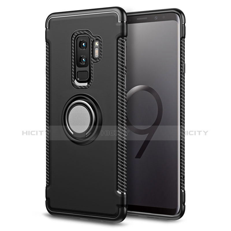 Funda Bumper Silicona y Plastico Mate con Anillo de dedo Soporte para Samsung Galaxy S9 Plus Negro