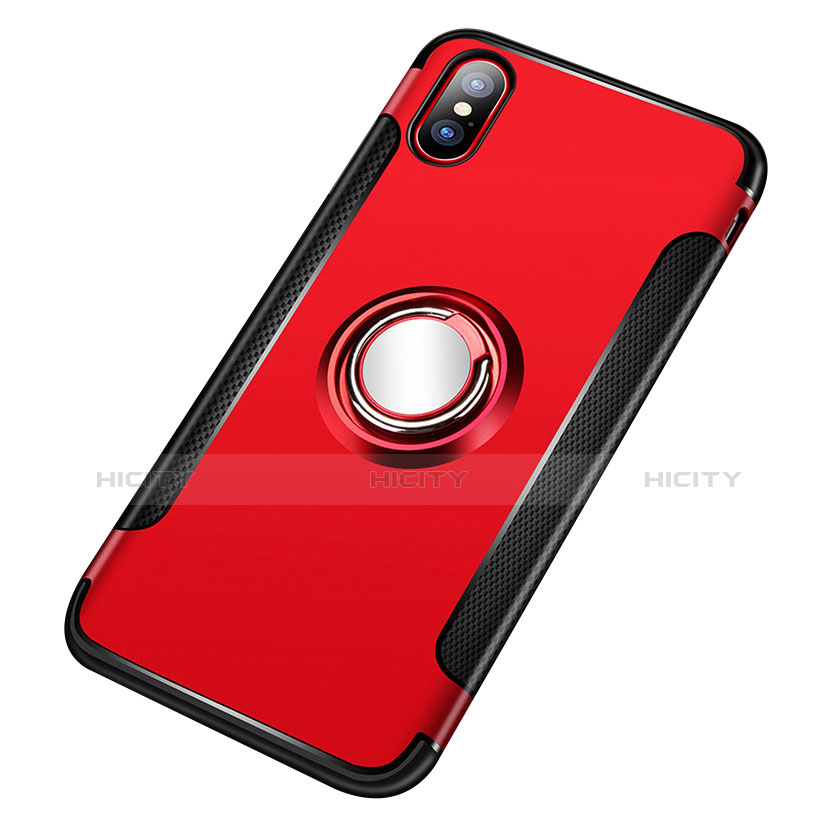 Funda Bumper Silicona y Plastico Mate con Anillo de dedo Soporte T01 para Apple iPhone Xs Rojo