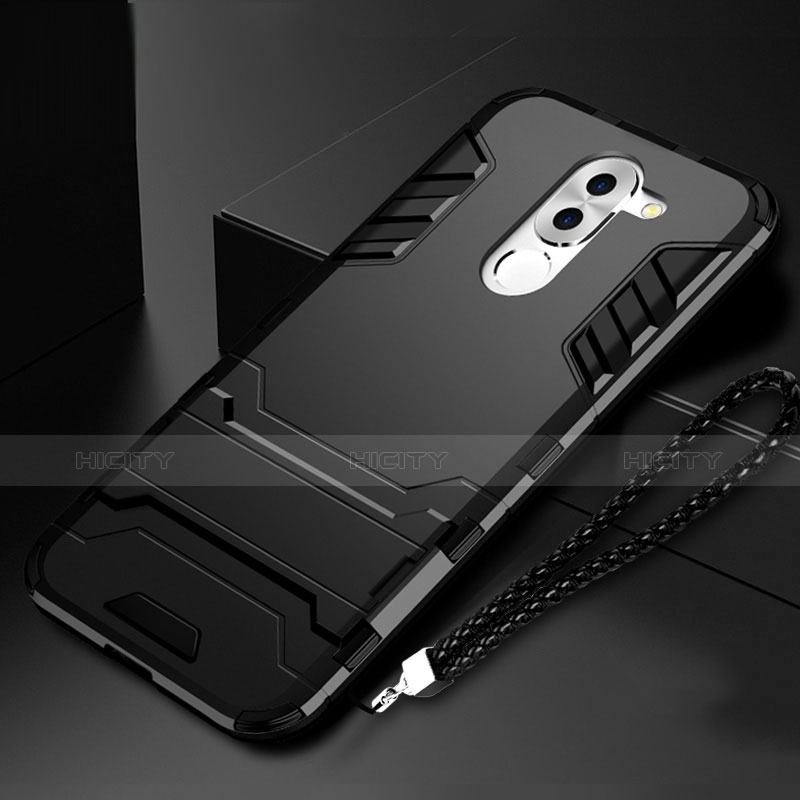 Funda Bumper Silicona y Plastico Mate con Soporte para Huawei Honor 6X Negro