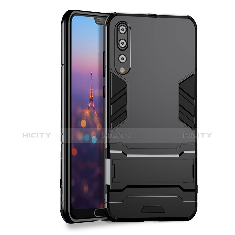 Funda Bumper Silicona y Plastico Mate con Soporte para Huawei P20 Pro Negro