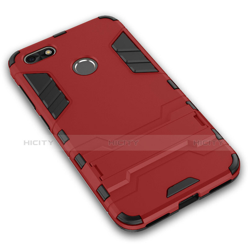 Funda Bumper Silicona y Plastico Mate con Soporte para Huawei P9 Lite Mini Rojo