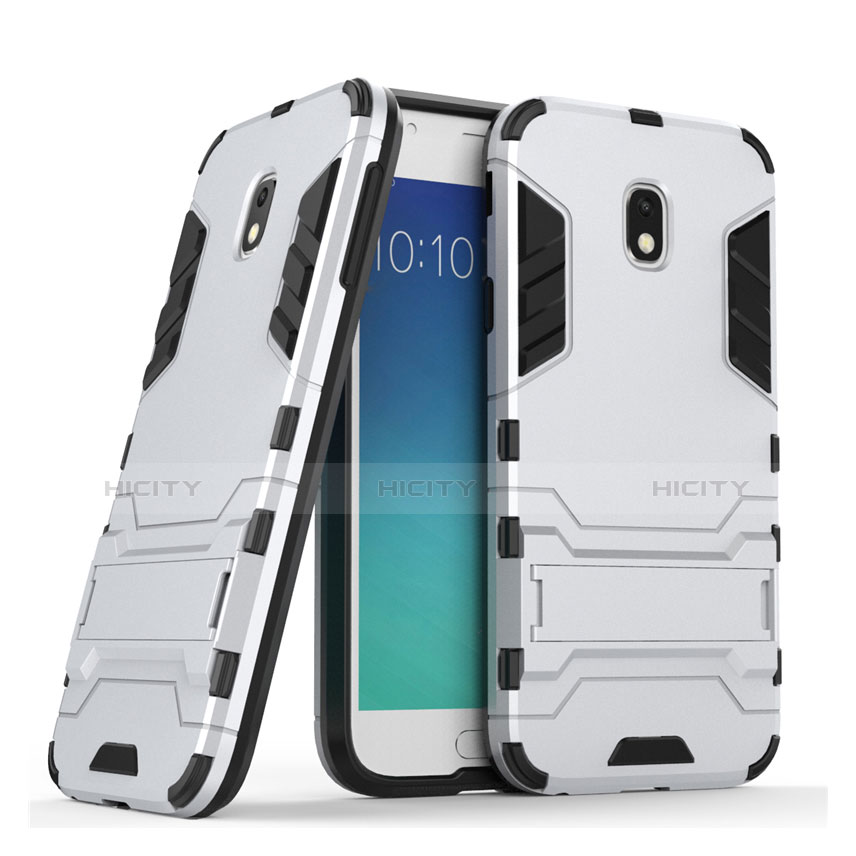 Funda Bumper Silicona y Plastico Mate con Soporte para Samsung Galaxy J3 Pro (2017) Blanco