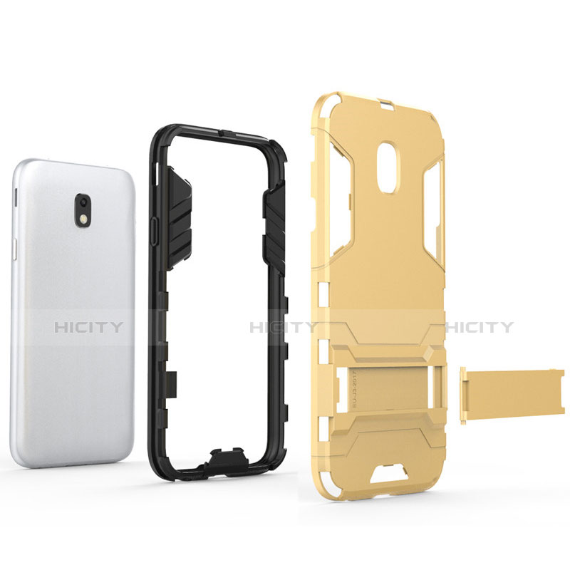 Funda Bumper Silicona y Plastico Mate con Soporte para Samsung Galaxy J3 Pro (2017) Oro