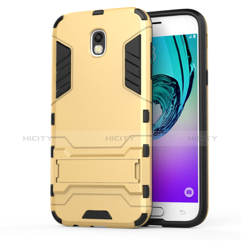 Funda Bumper Silicona y Plastico Mate con Soporte para Samsung Galaxy J5 (2017) SM-J750F Oro