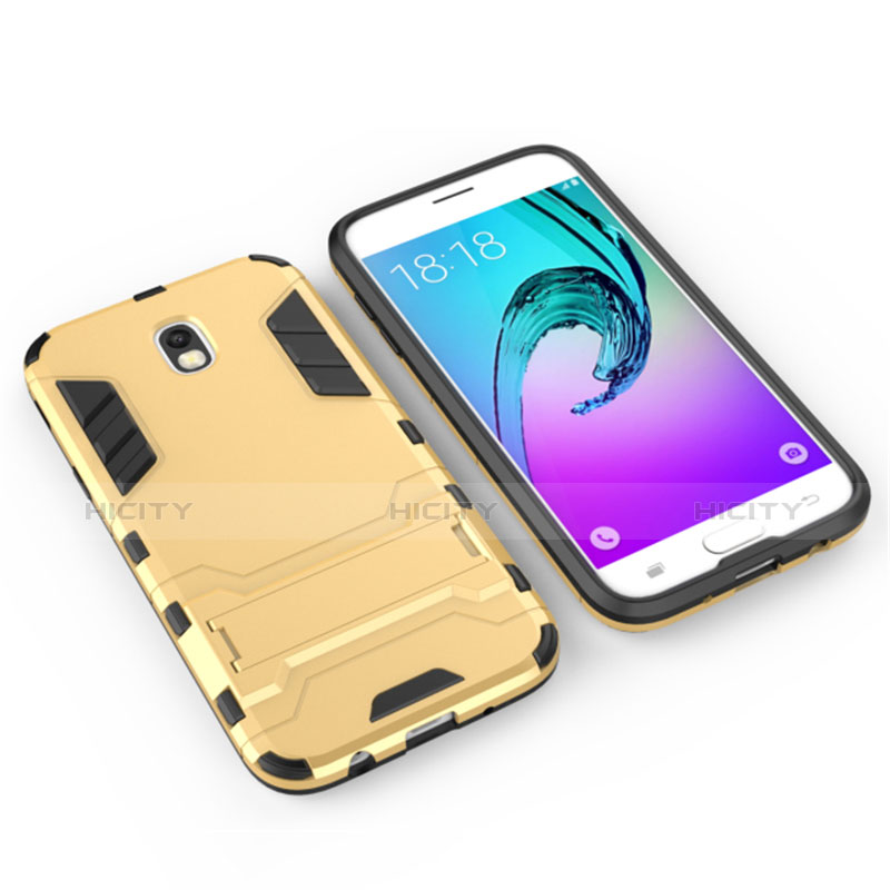 Funda Bumper Silicona y Plastico Mate con Soporte para Samsung Galaxy J5 (2017) SM-J750F Oro