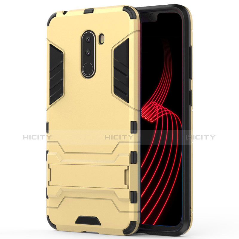 Funda Bumper Silicona y Plastico Mate con Soporte W01 para Xiaomi Pocophone F1 Oro