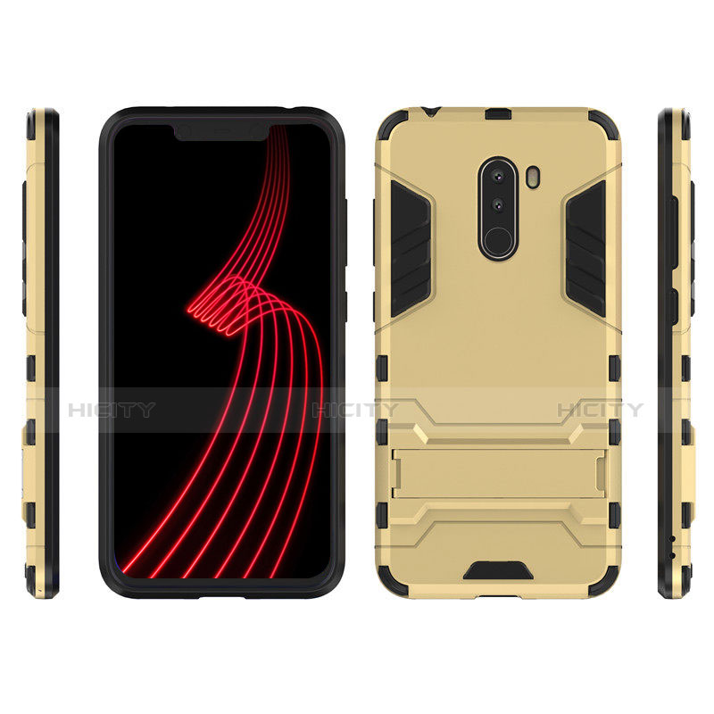 Funda Bumper Silicona y Plastico Mate con Soporte W01 para Xiaomi Pocophone F1 Oro