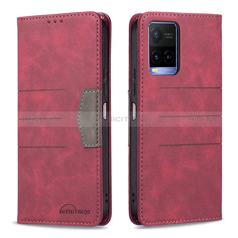 Funda de Cuero Cartera con Soporte Carcasa B01F para Vivo Y21s Rojo