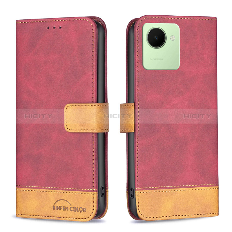 Funda de Cuero Cartera con Soporte Carcasa B02F para Realme C30 Rojo