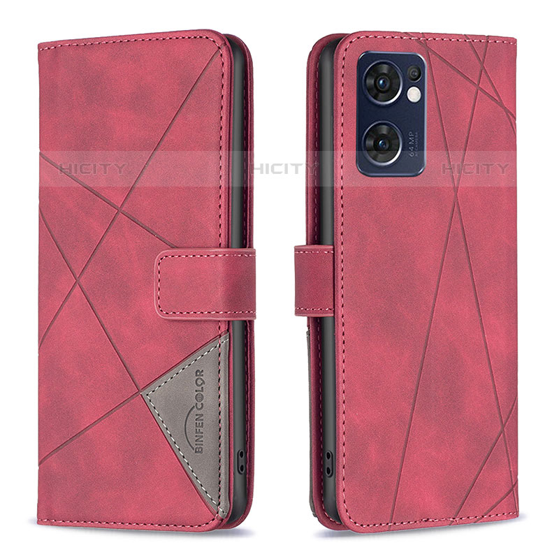 Funda de Cuero Cartera con Soporte Carcasa B08F para Oppo Reno7 5G Rojo