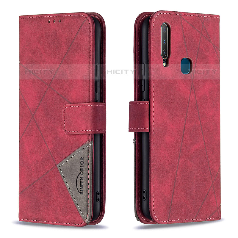 Funda de Cuero Cartera con Soporte Carcasa B08F para Vivo Y12 Rojo