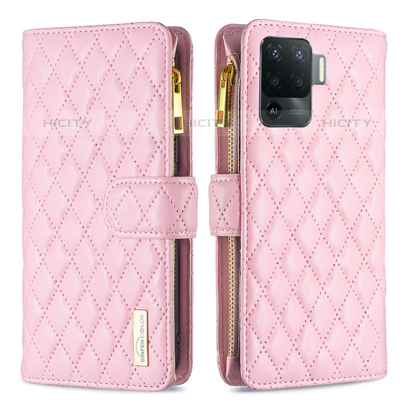 Funda de Cuero Cartera con Soporte Carcasa B12F para Oppo F19 Pro Oro Rosa