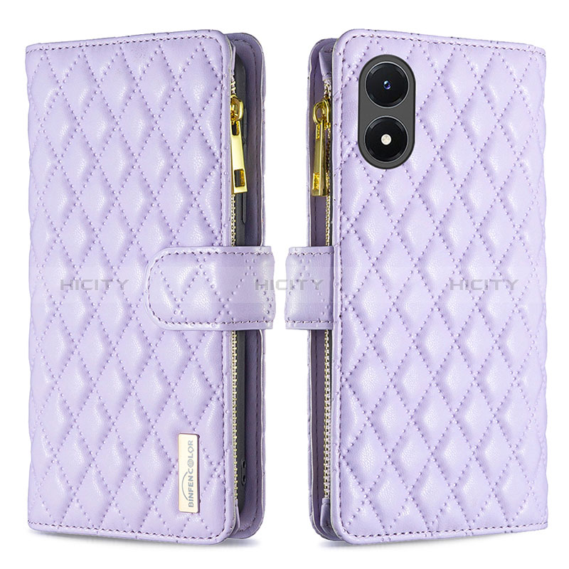 Funda de Cuero Cartera con Soporte Carcasa B12F para Vivo Y02S Morado