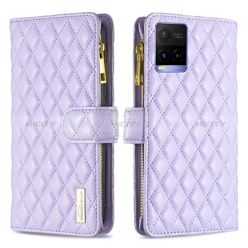 Funda de Cuero Cartera con Soporte Carcasa B12F para Vivo Y21 Morado