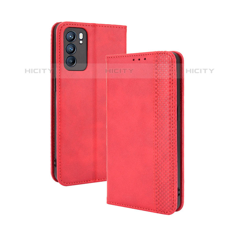 Funda de Cuero Cartera con Soporte Carcasa BY4 para Oppo Reno6 5G Rojo