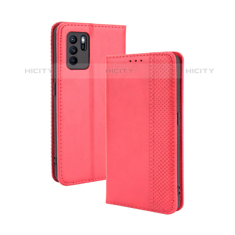 Funda de Cuero Cartera con Soporte Carcasa BY4 para Oppo Reno6 Z 5G Rojo