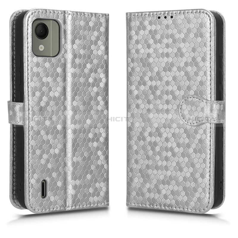 Funda de Cuero Cartera con Soporte Carcasa C01X para Nokia C110 Plata