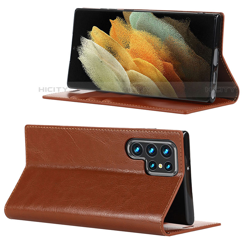 Funda de Cuero Cartera con Soporte Carcasa D08T para Samsung Galaxy S21 Ultra 5G Marron Claro