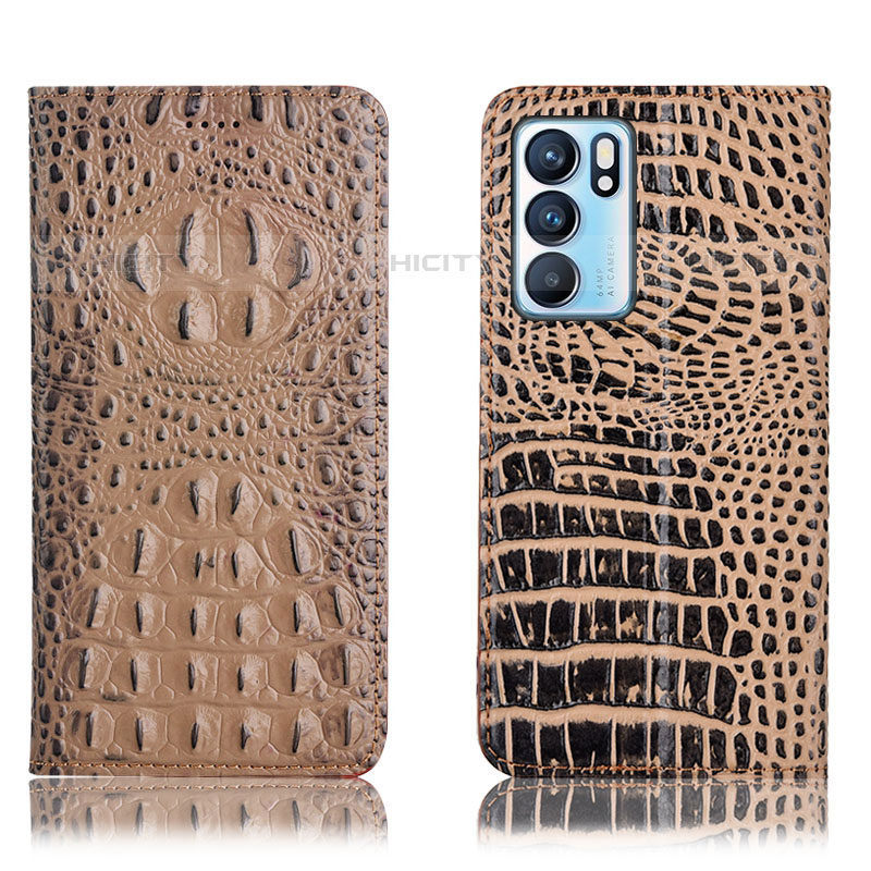 Funda de Cuero Cartera con Soporte Carcasa H01P para Oppo Reno6 5G Caqui