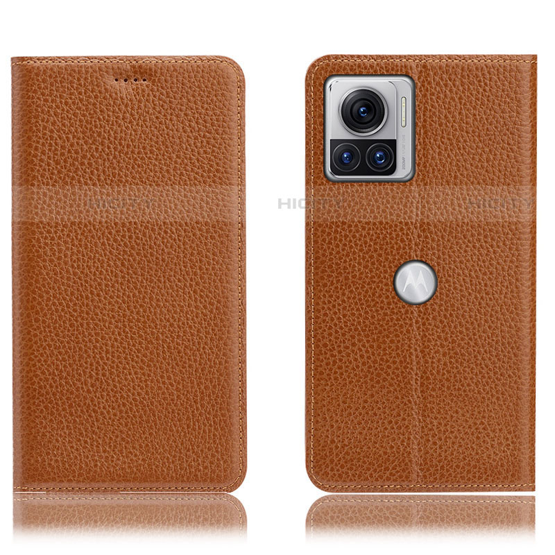 Funda de Cuero Cartera con Soporte Carcasa H02P para Motorola Moto Edge X30 Pro 5G Marron Claro