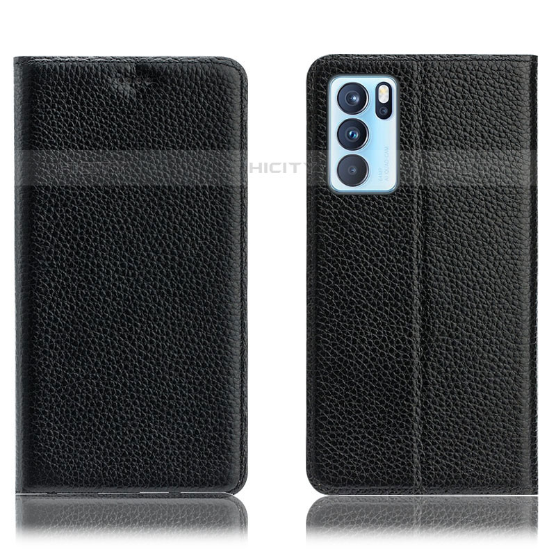 Funda de Cuero Cartera con Soporte Carcasa H02P para Oppo Reno6 Pro 5G India Negro