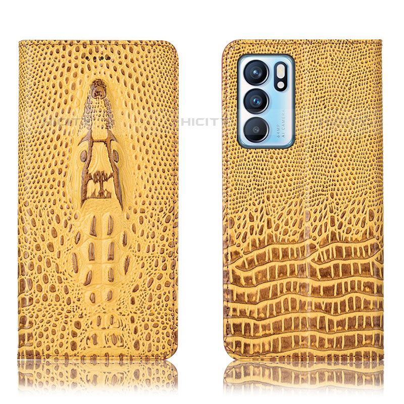 Funda de Cuero Cartera con Soporte Carcasa H03P para Oppo Reno6 5G Amarillo