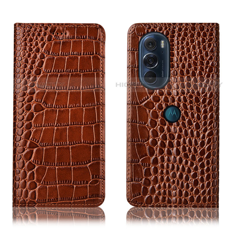 Funda de Cuero Cartera con Soporte Carcasa H08P para Motorola Moto Edge Plus (2022) 5G Marron Claro