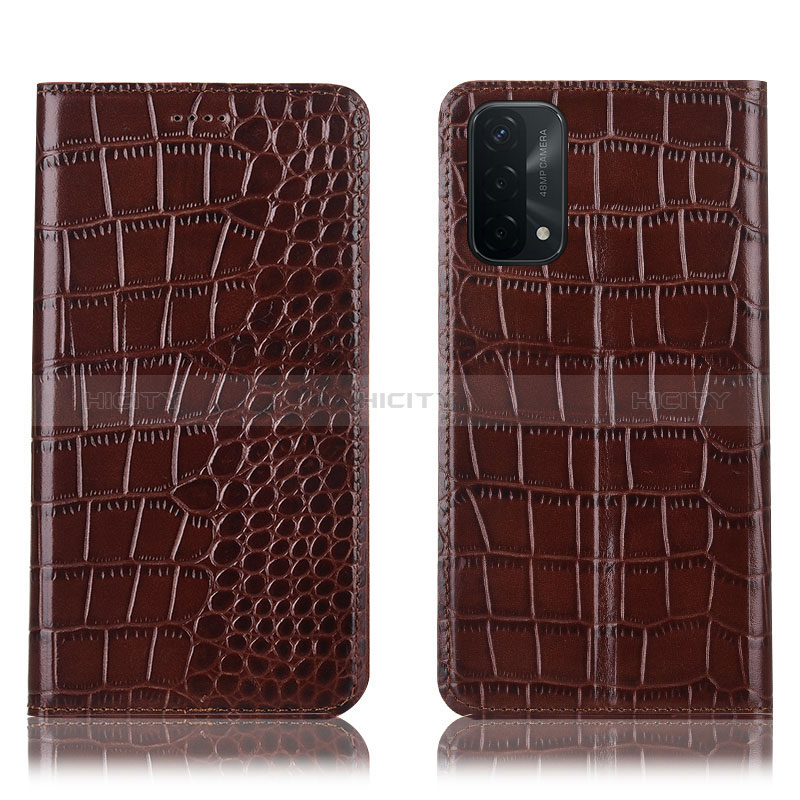 Funda de Cuero Cartera con Soporte Carcasa H08P para Oppo A54 5G Marron