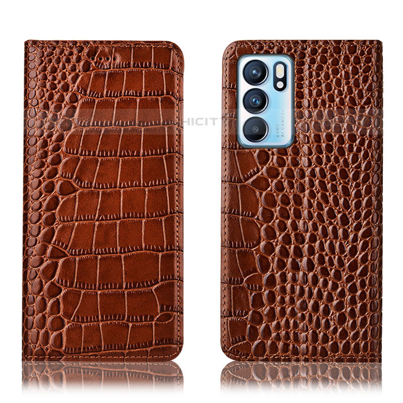 Funda de Cuero Cartera con Soporte Carcasa H08P para Oppo Reno6 5G Marron Claro