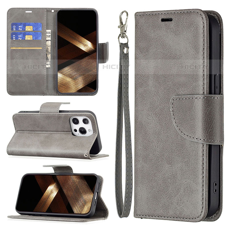 Funda de Cuero Cartera con Soporte Carcasa L01 para Apple iPhone 15 Pro Gris Oscuro