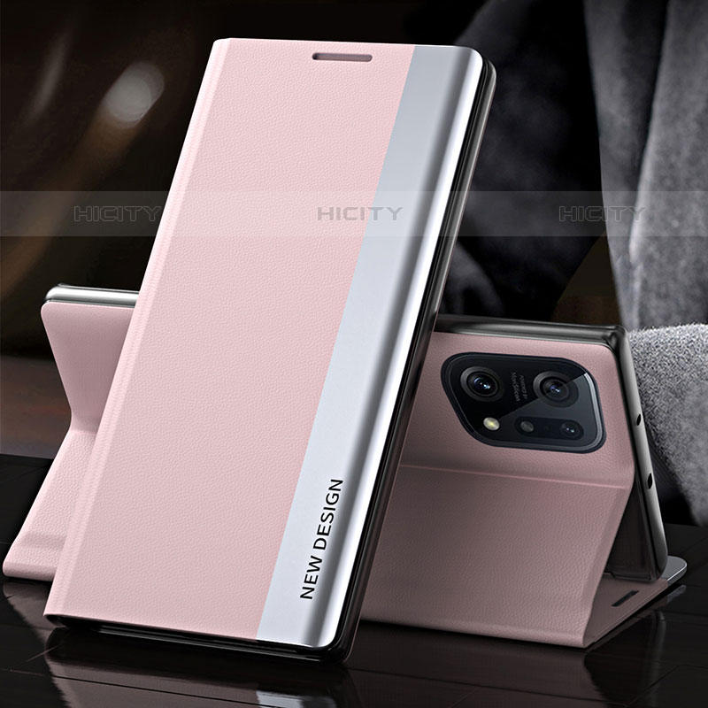 Funda de Cuero Cartera con Soporte Carcasa L01 para Oppo Find X5 Pro 5G Rosa