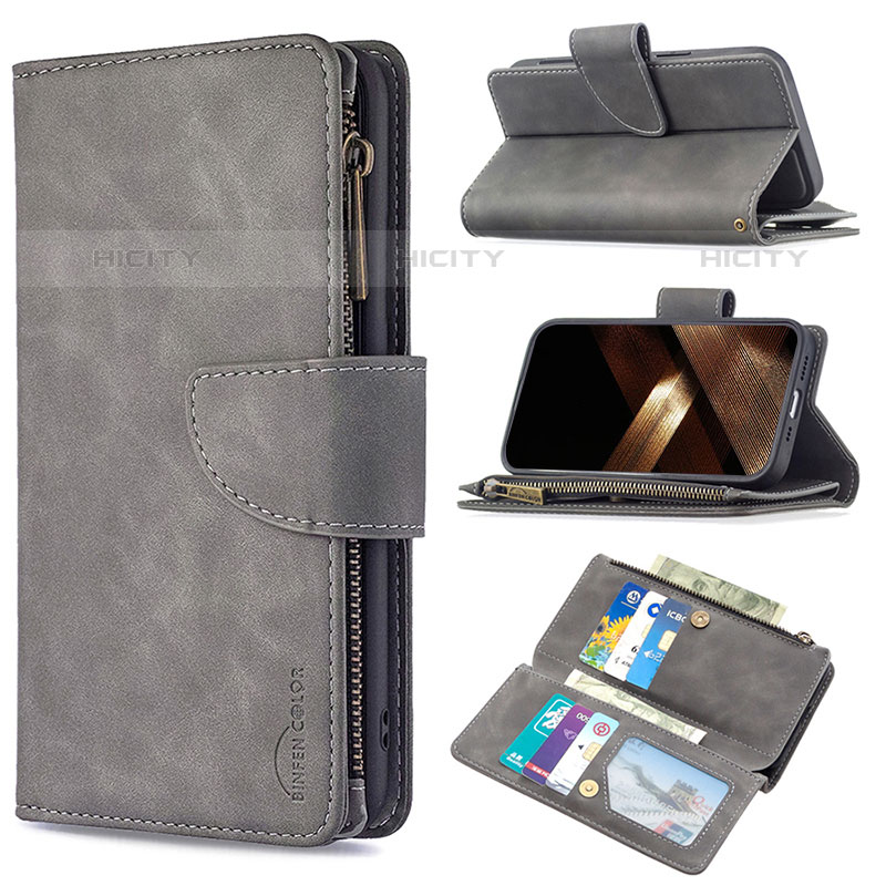 Funda de Cuero Cartera con Soporte Carcasa L03 para Apple iPhone 15 Pro Max Gris Oscuro