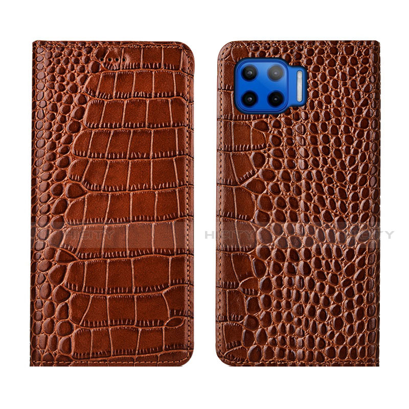 Funda de Cuero Cartera con Soporte Carcasa L05 para Motorola Moto One 5G Marron Claro