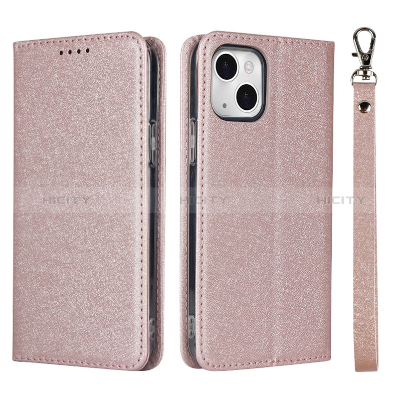 Funda de Cuero Cartera con Soporte Carcasa L08 para Apple iPhone 15 Plus Oro Rosa