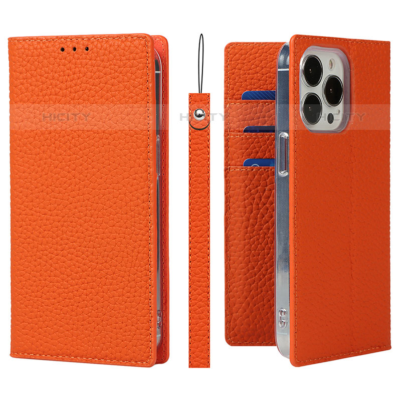 Funda de Cuero Cartera con Soporte Carcasa L09 para Apple iPhone 15 Pro Naranja