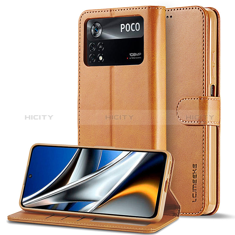 Funda de Cuero Cartera con Soporte Carcasa LC2 para Xiaomi Poco M4 Pro 4G Marron Claro