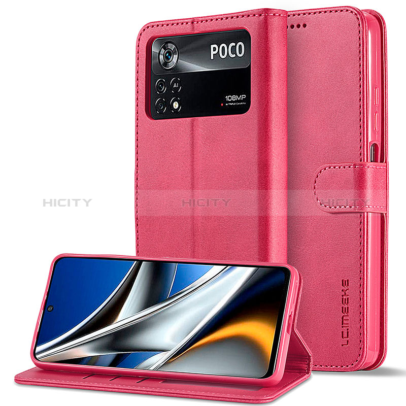 Funda de Cuero Cartera con Soporte Carcasa LC2 para Xiaomi Poco M4 Pro 4G Rosa Roja