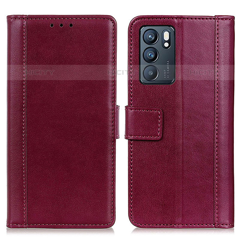 Funda de Cuero Cartera con Soporte Carcasa N02P para Oppo Reno6 5G Rojo