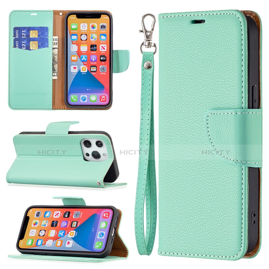 Funda de Cuero Cartera con Soporte Carcasa para Apple iPhone 13 Pro Max Cian