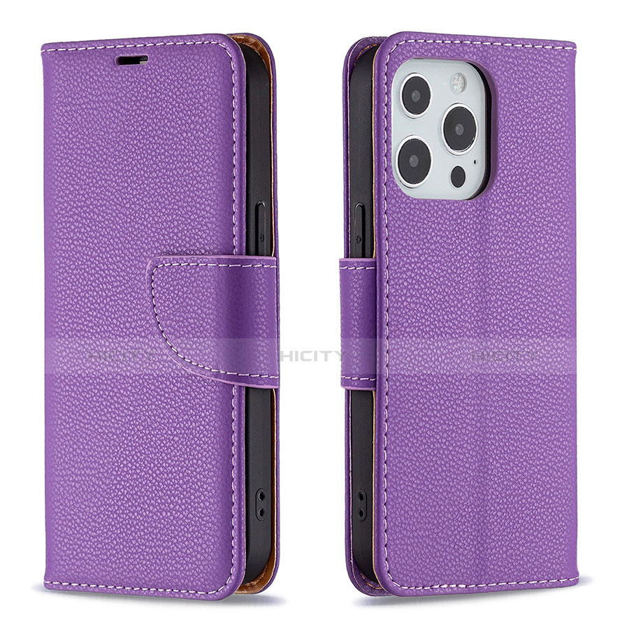 Funda de Cuero Cartera con Soporte Carcasa para Apple iPhone 13 Pro Max Morado