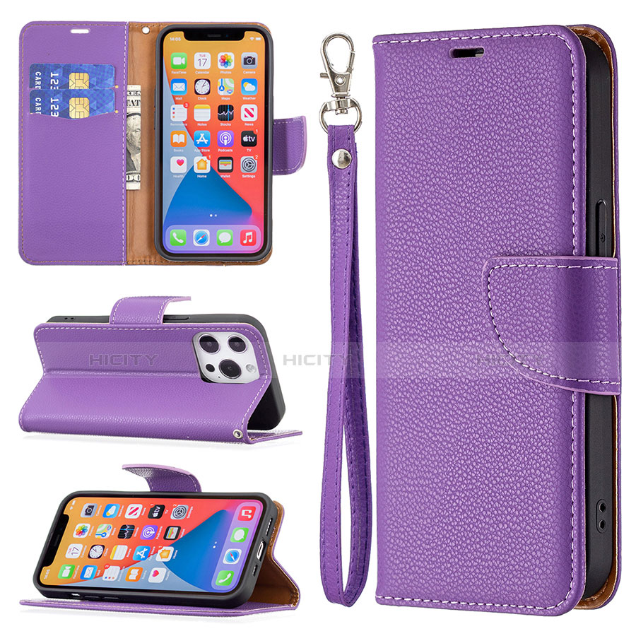 Funda de Cuero Cartera con Soporte Carcasa para Apple iPhone 13 Pro Max Morado