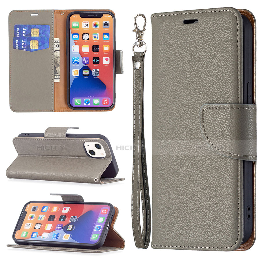 Funda de Cuero Cartera con Soporte Carcasa para Apple iPhone 14 Gris