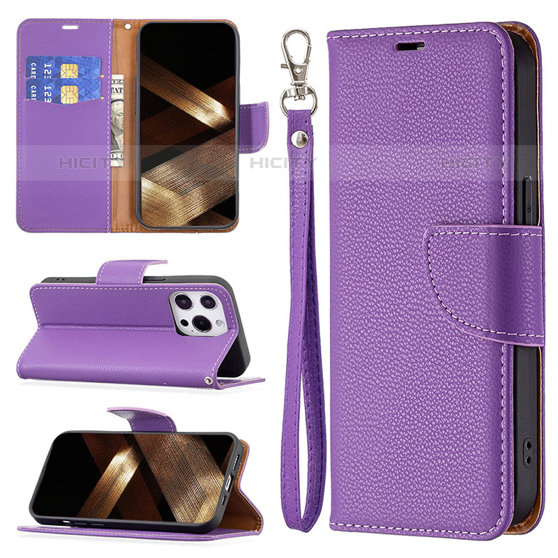 Funda de Cuero Cartera con Soporte Carcasa para Apple iPhone 16 Pro Max Morado