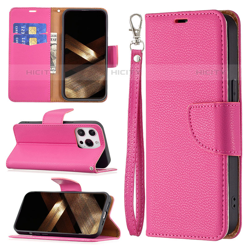 Funda de Cuero Cartera con Soporte Carcasa para Apple iPhone 16 Pro Max Rosa Roja