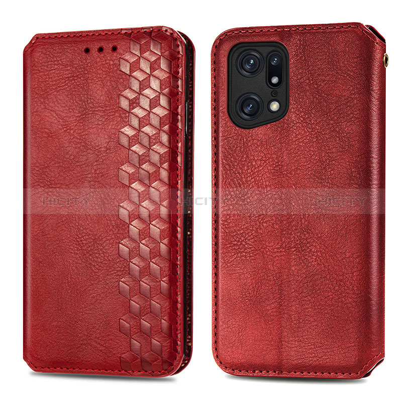 Funda de Cuero Cartera con Soporte Carcasa S01D para Oppo Find X5 5G Rojo