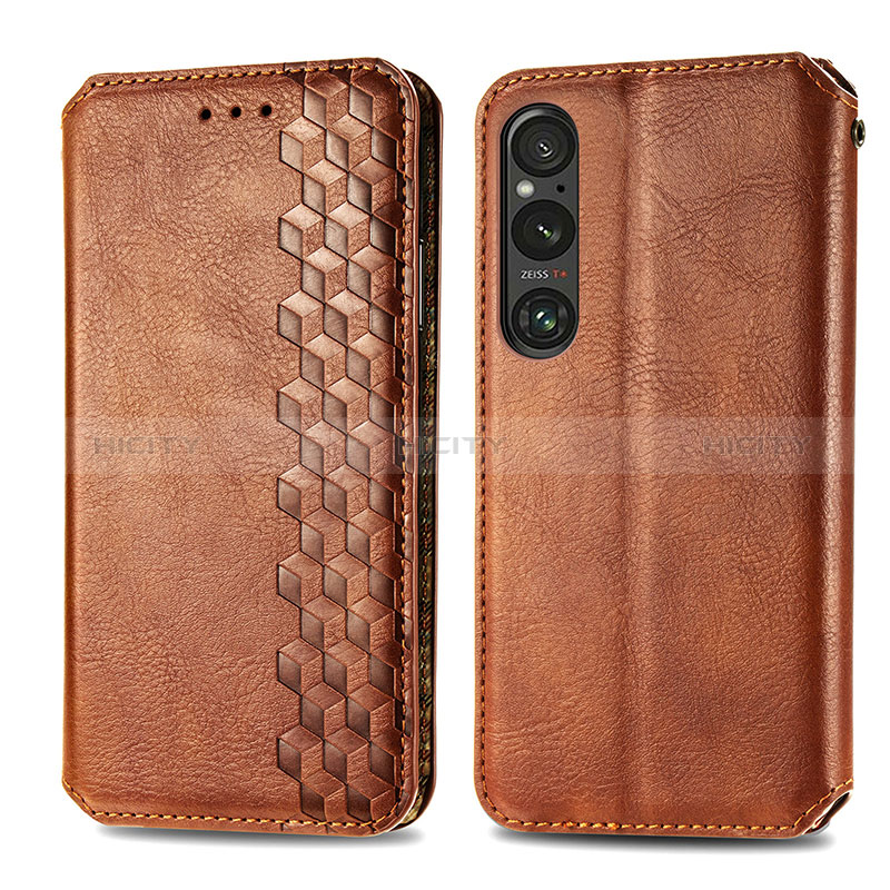 Funda de Cuero Cartera con Soporte Carcasa S01D para Sony Xperia 1 V Marron